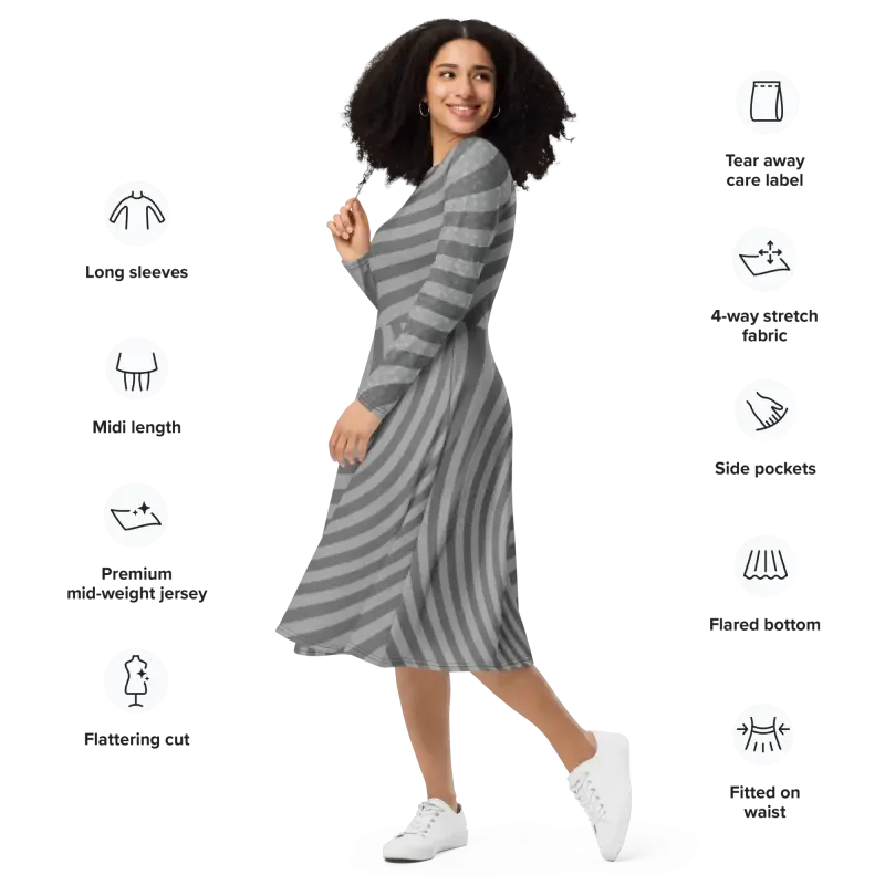Eco Chic Wavy Grey Stripes Long Sleeve Midi Dress