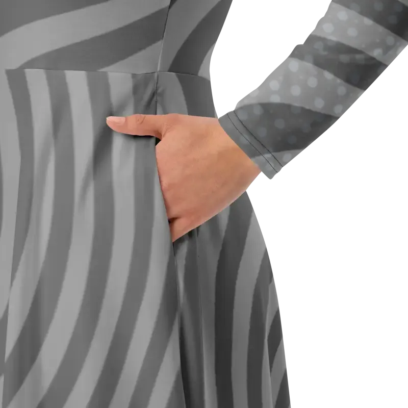 Eco Chic Wavy Grey Stripes Long Sleeve Midi Dress