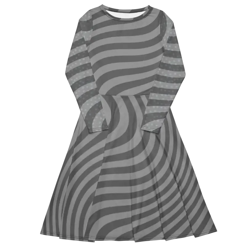 Eco Chic Wavy Grey Stripes Long Sleeve Midi Dress