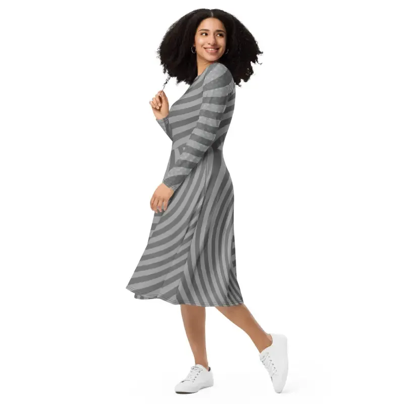 Eco Chic Wavy Grey Stripes Long Sleeve Midi Dress