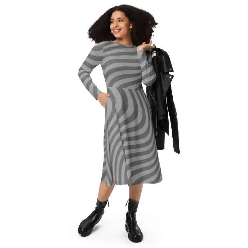 Eco Chic Wavy Grey Stripes Long Sleeve Midi Dress