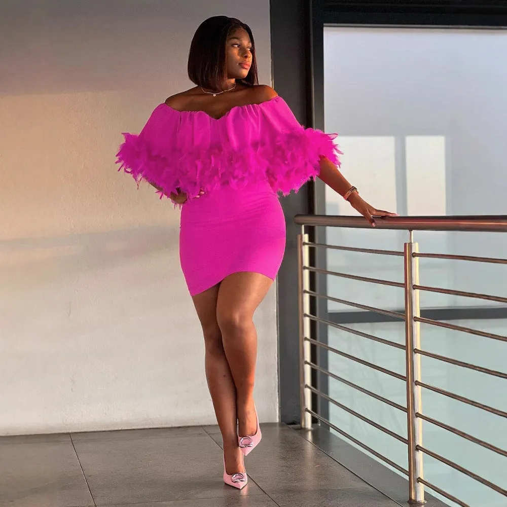Elegant Off-Shoulder Feather-Trimmed Bodycon Dress for Chic Occasions