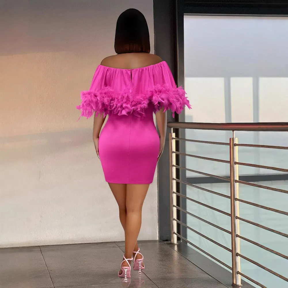 Elegant Off-Shoulder Feather-Trimmed Bodycon Dress for Chic Occasions