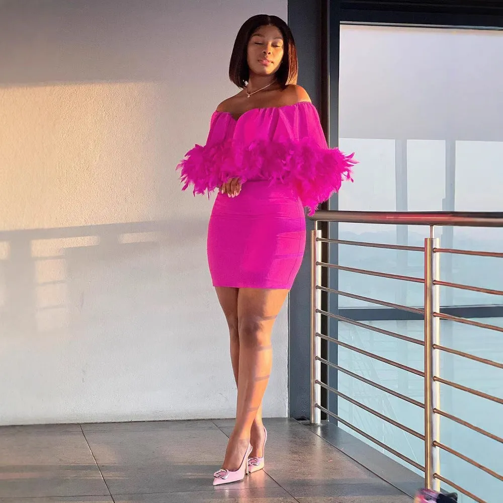 Elegant Off-Shoulder Feather-Trimmed Bodycon Dress for Chic Occasions