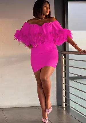 Elegant Off-Shoulder Feather-Trimmed Bodycon Dress for Chic Occasions