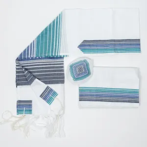 Ella - Cotton Tallit - Turquoise, Blue and Navy Stripes with Silver on White