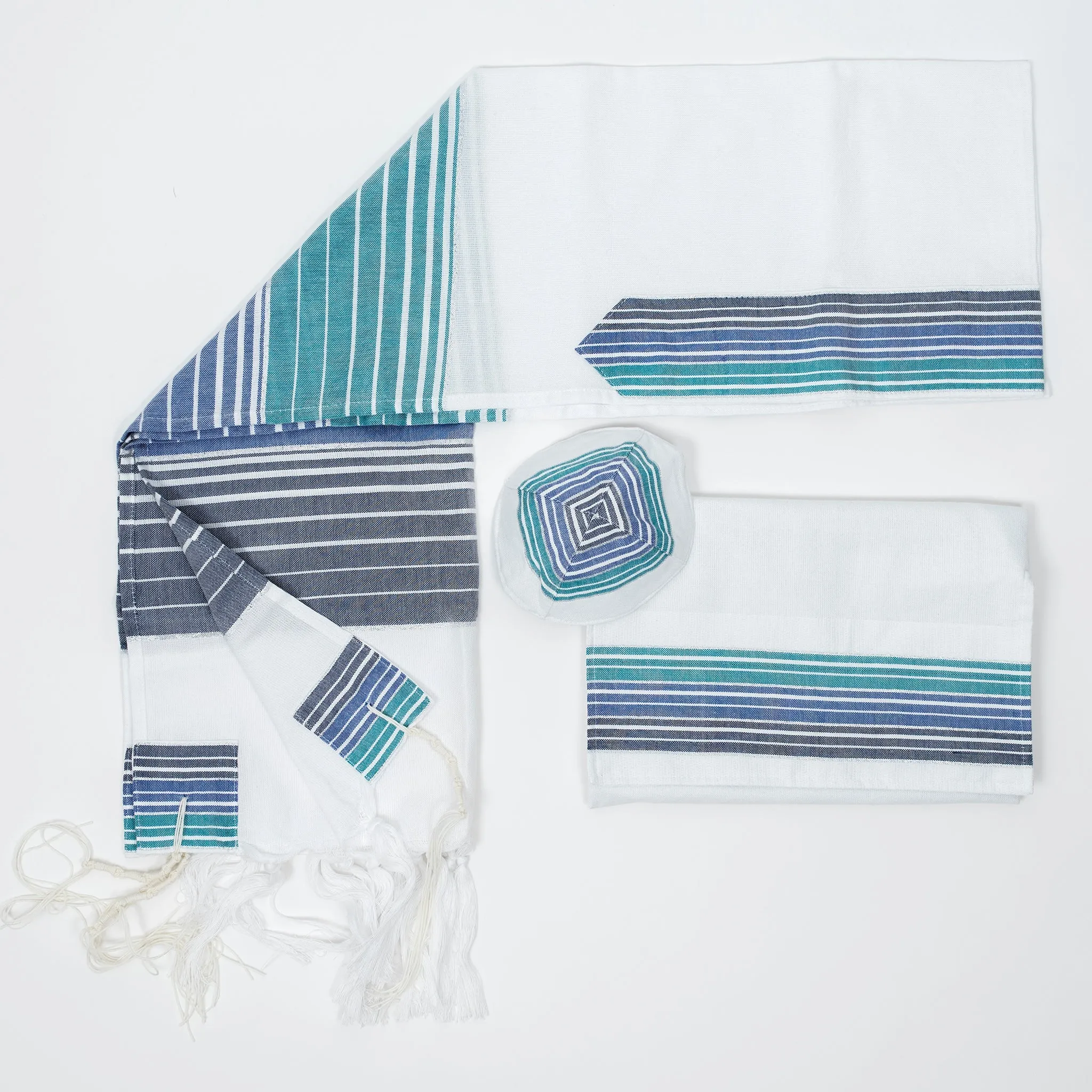 Ella - Cotton Tallit - Turquoise, Blue and Navy Stripes with Silver on White