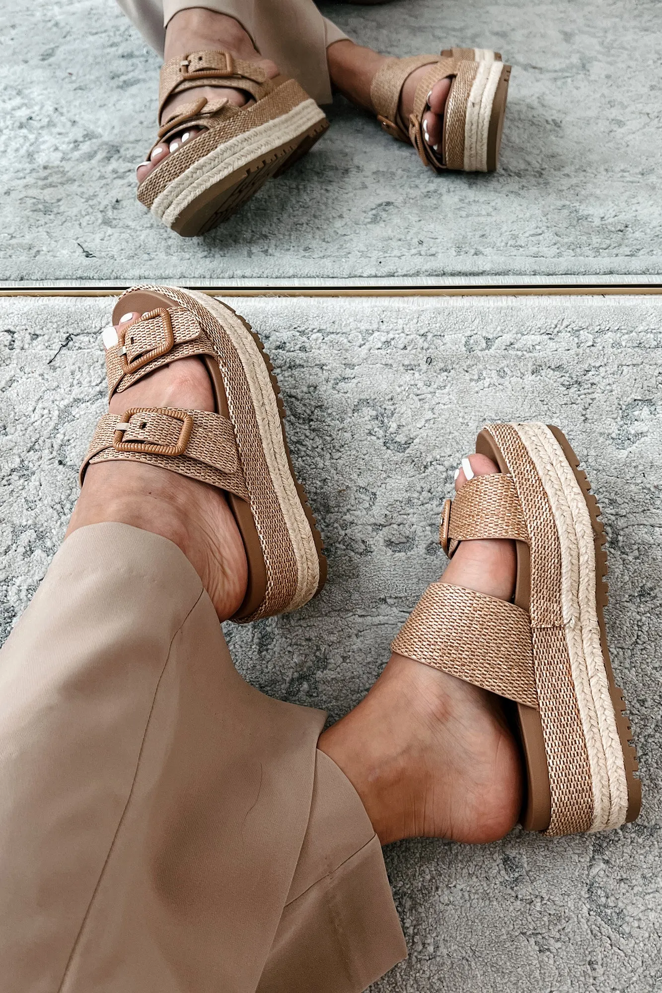 Fresh New Attitude Woven Platform Sandals (Dark Tan Raffia)