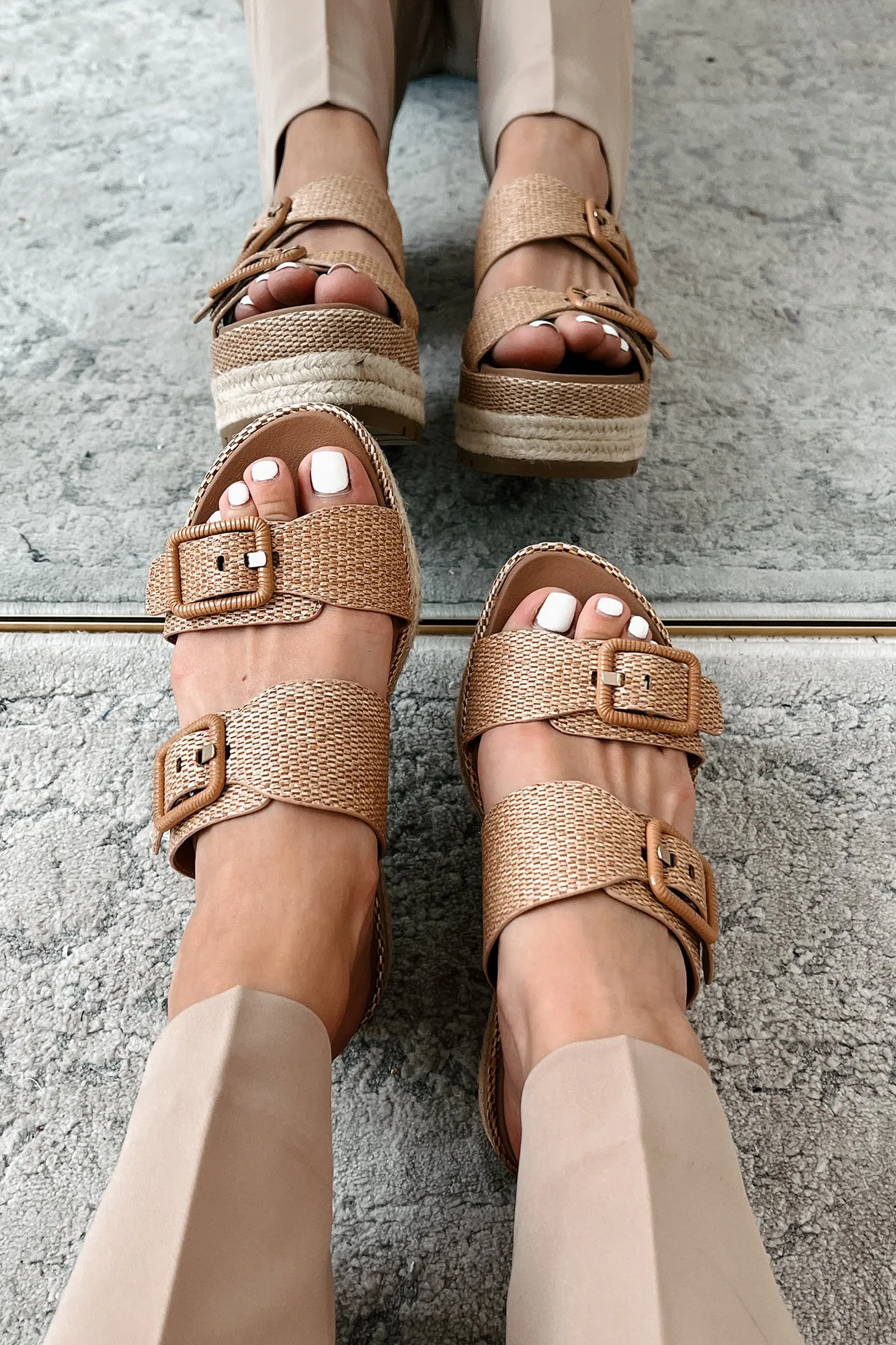 Fresh New Attitude Woven Platform Sandals (Dark Tan Raffia)