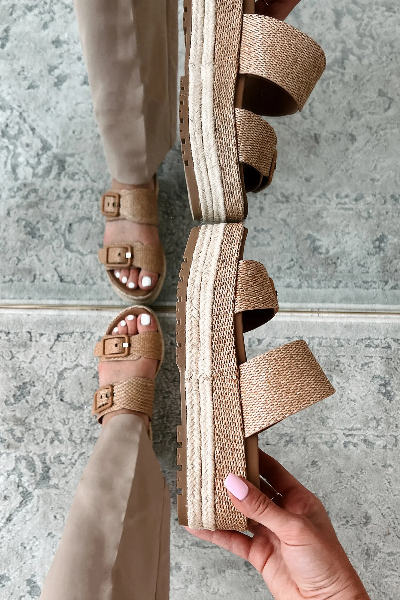 Fresh New Attitude Woven Platform Sandals (Dark Tan Raffia)