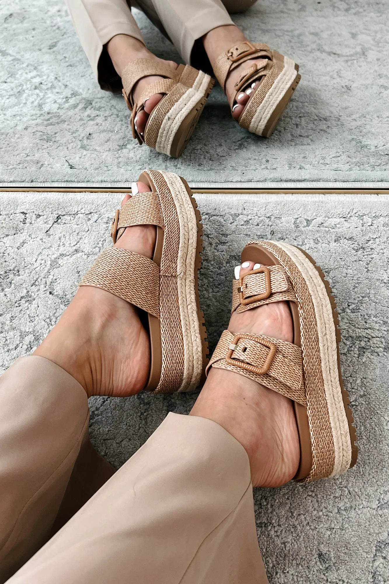 Fresh New Attitude Woven Platform Sandals (Dark Tan Raffia)