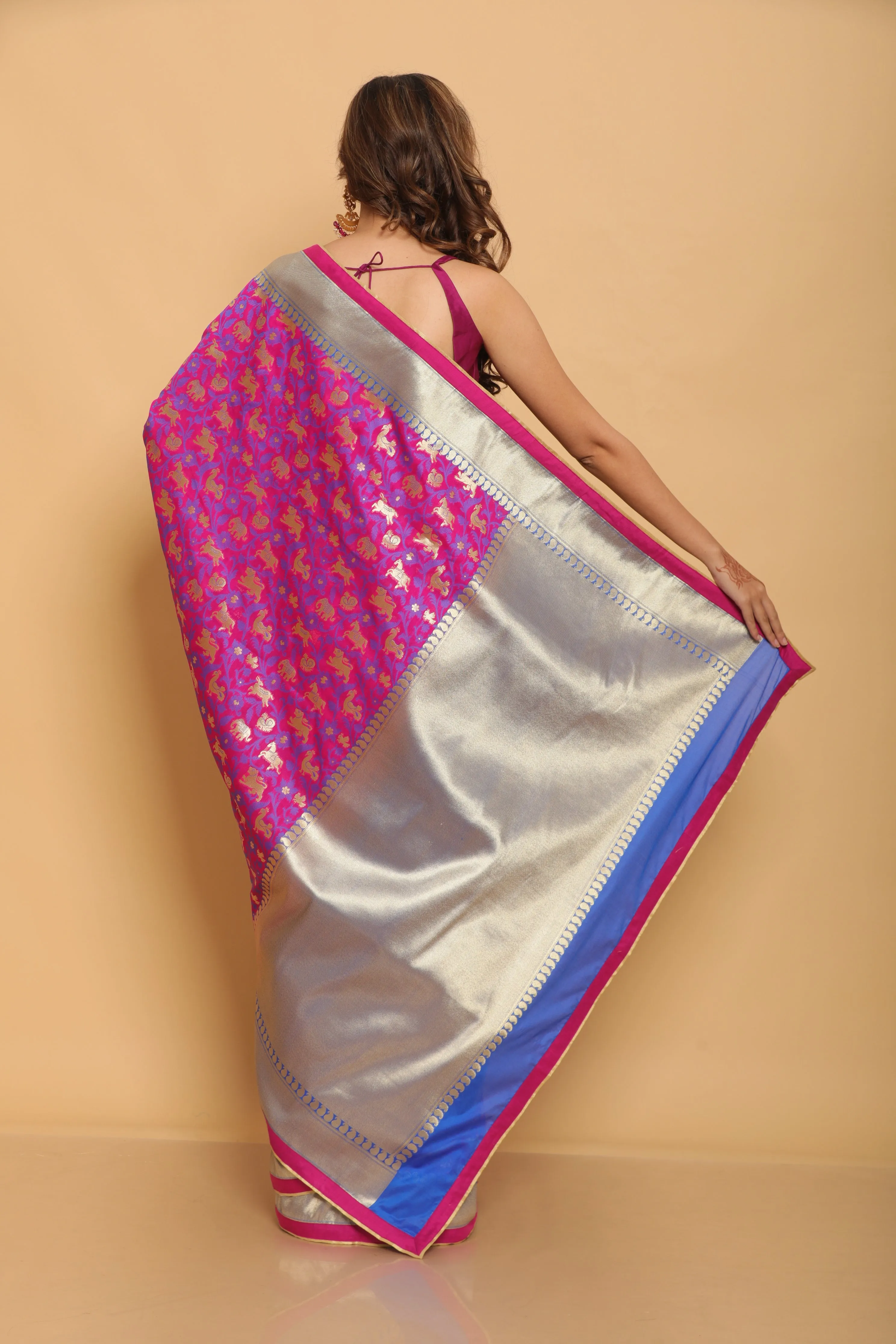 Fuscia Shikargaah Benarasi Silk Saree