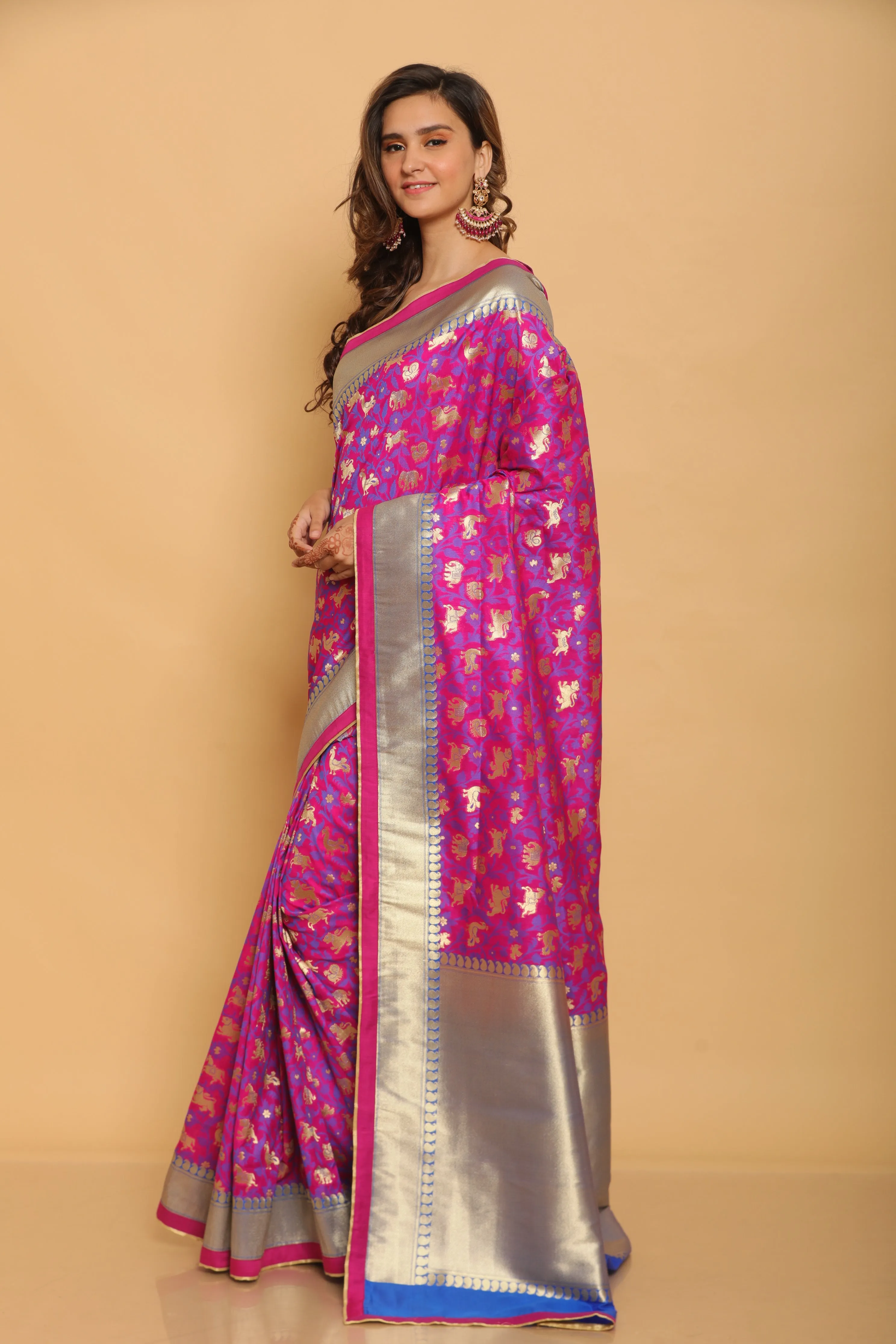 Fuscia Shikargaah Benarasi Silk Saree