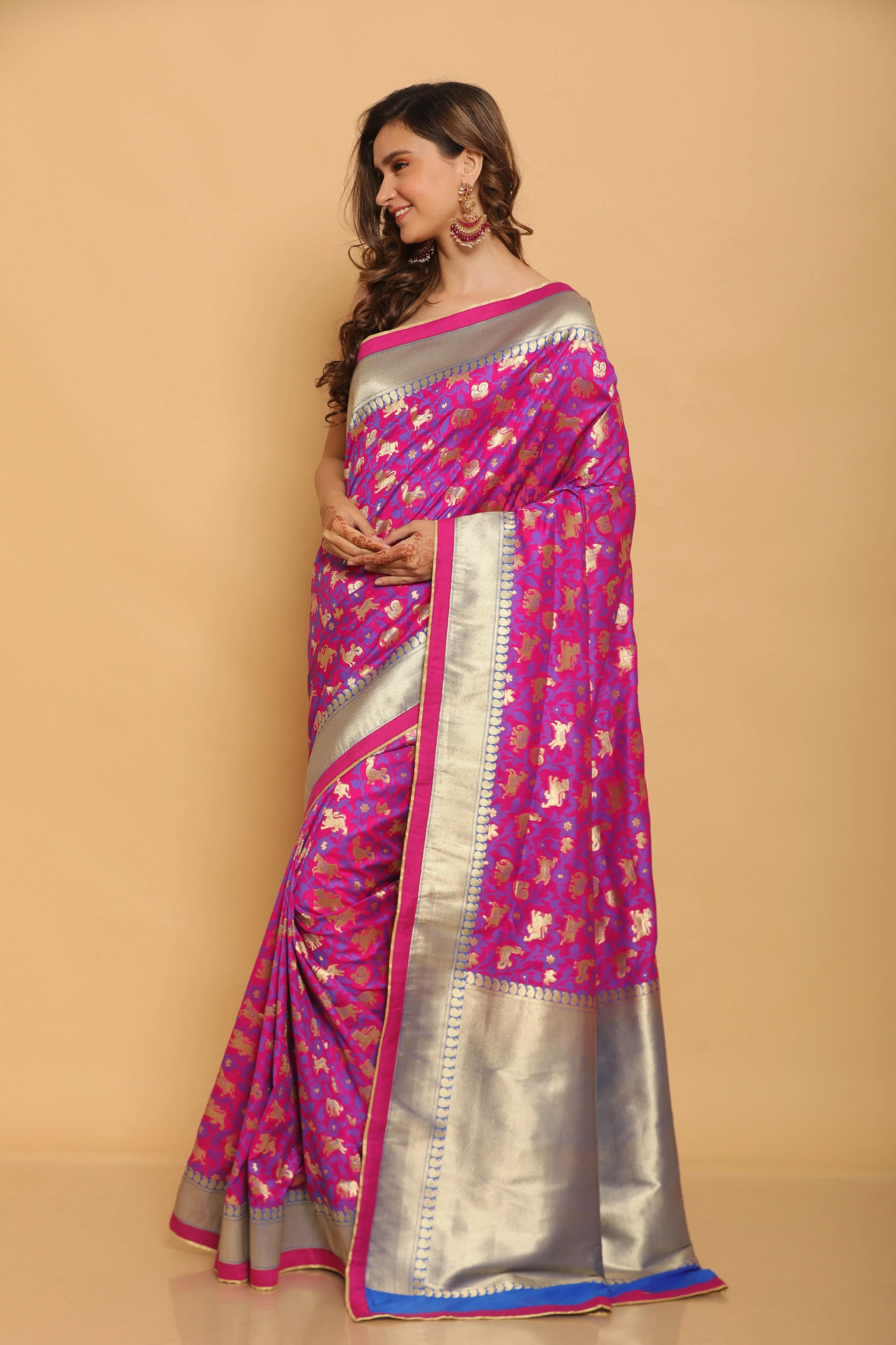 Fuscia Shikargaah Benarasi Silk Saree