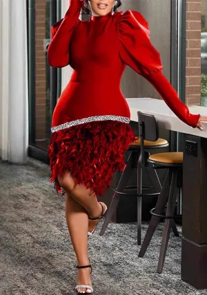 Glamorous Red Lantern Sleeve Mini Dress with Feathered Hem and Rhinestone Detail