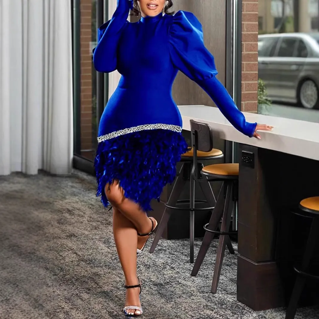 Glamorous Red Lantern Sleeve Mini Dress with Feathered Hem and Rhinestone Detail