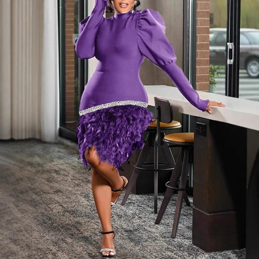 Glamorous Red Lantern Sleeve Mini Dress with Feathered Hem and Rhinestone Detail