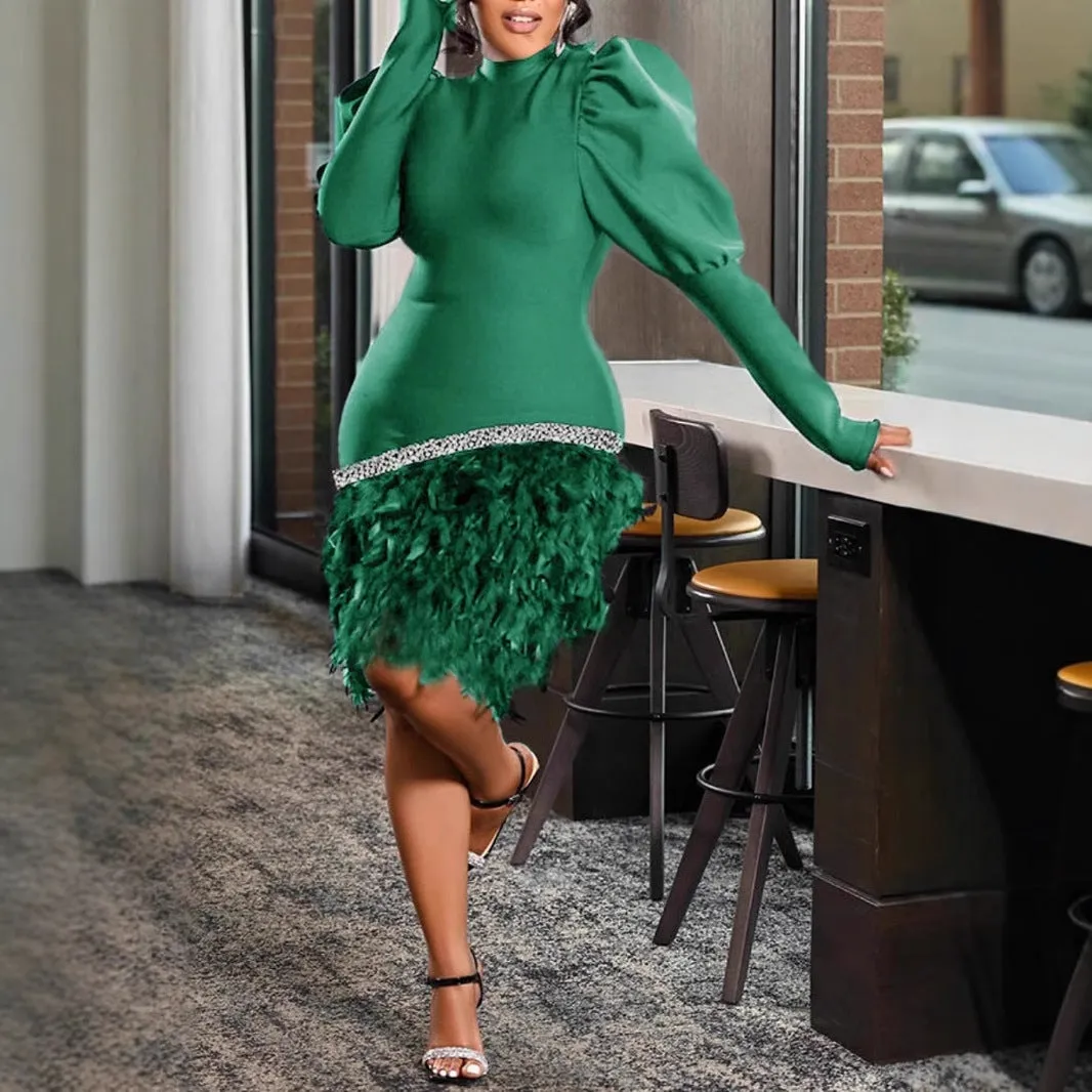 Glamorous Red Lantern Sleeve Mini Dress with Feathered Hem and Rhinestone Detail