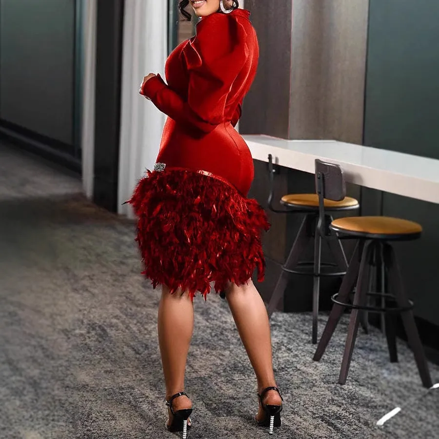 Glamorous Red Lantern Sleeve Mini Dress with Feathered Hem and Rhinestone Detail