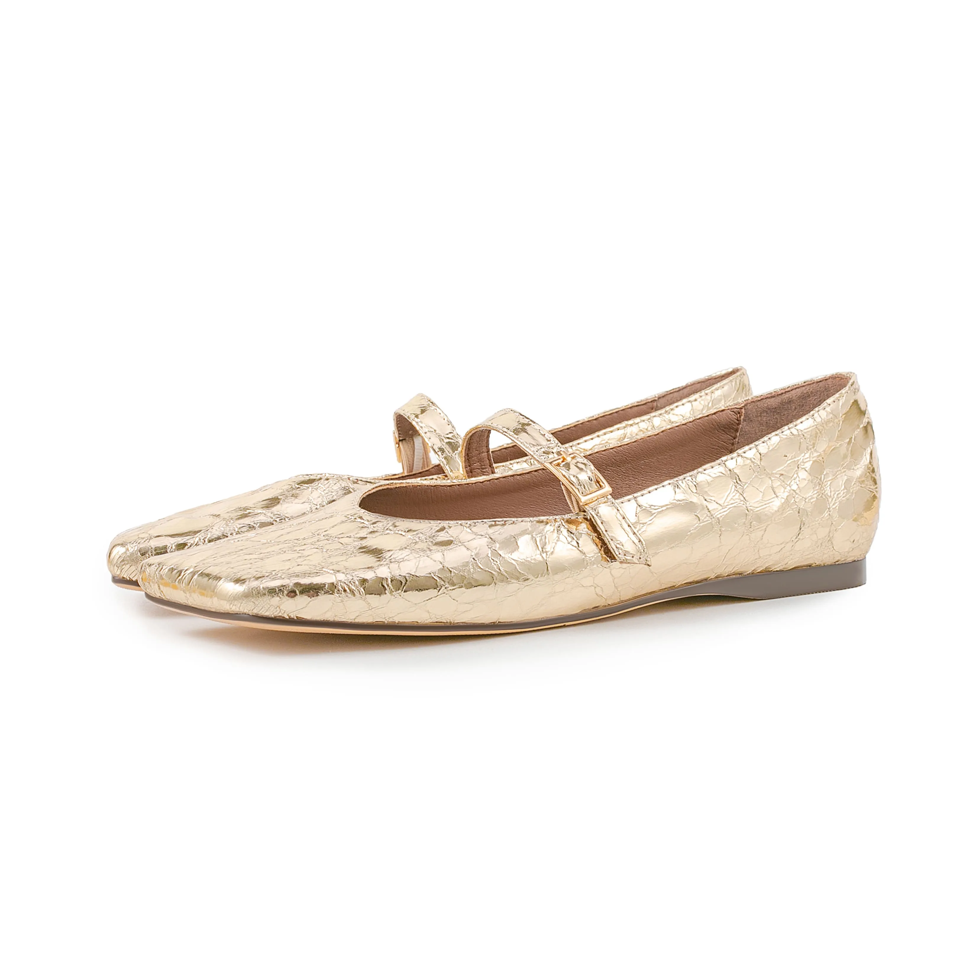 Gold Leather Metallic Square Toe Comfy Mary Jane Flats