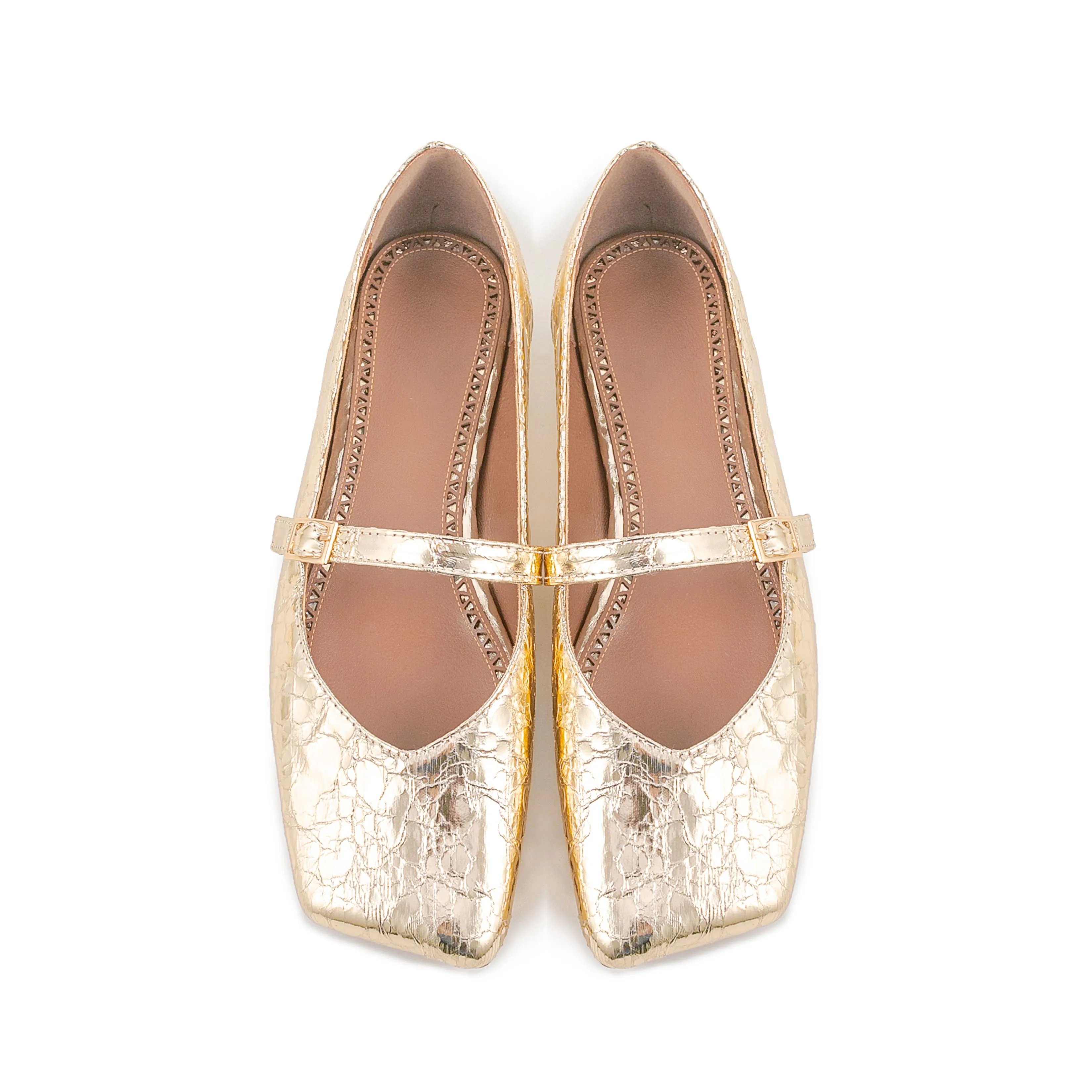 Gold Leather Metallic Square Toe Comfy Mary Jane Flats