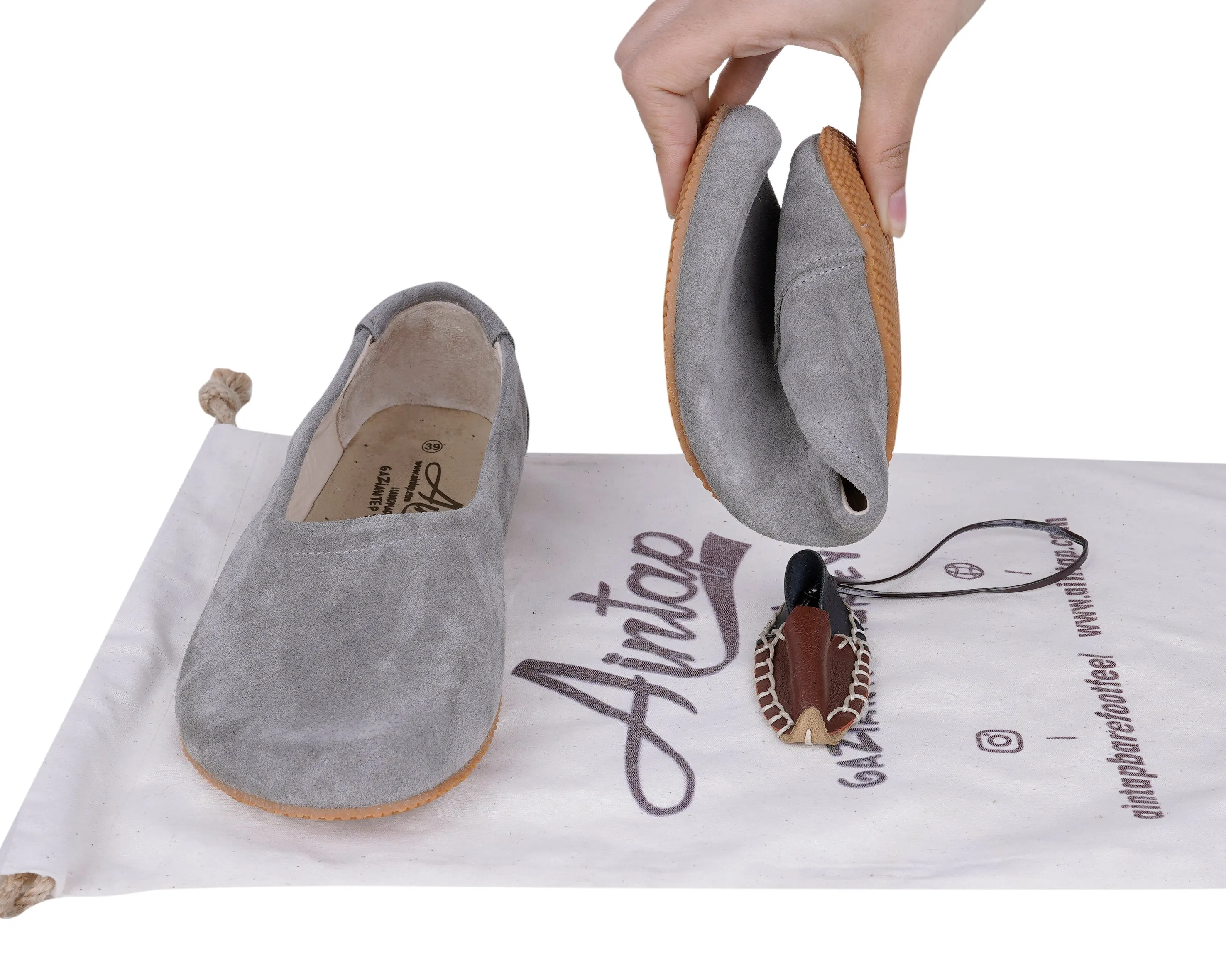 Gray Women Flat Ballets Wide Barefoot Suede Leather Handmade