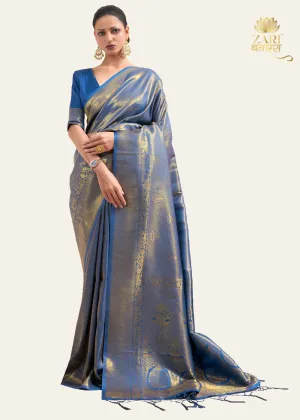 Imperial Golden Blue Woven Kanjivaram Saree