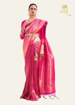 IMPERIAL GOLDEN BRIDAL PINK WOVEN KANJIVARAM SAREE