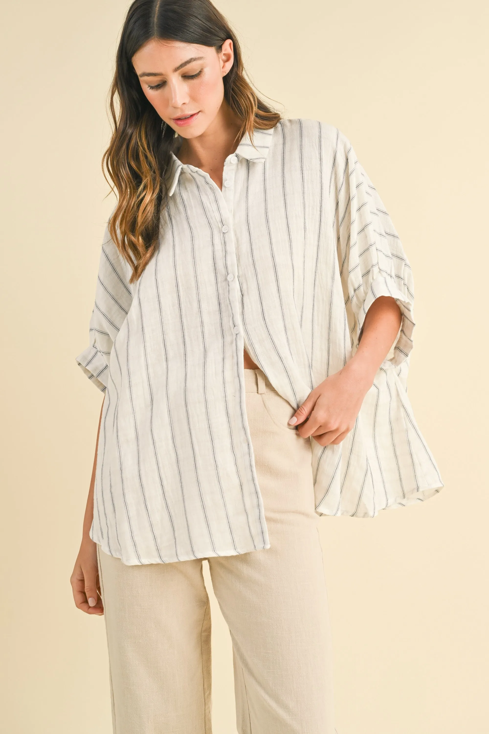 Ivory Oversized Striped Woven Blouse - Large