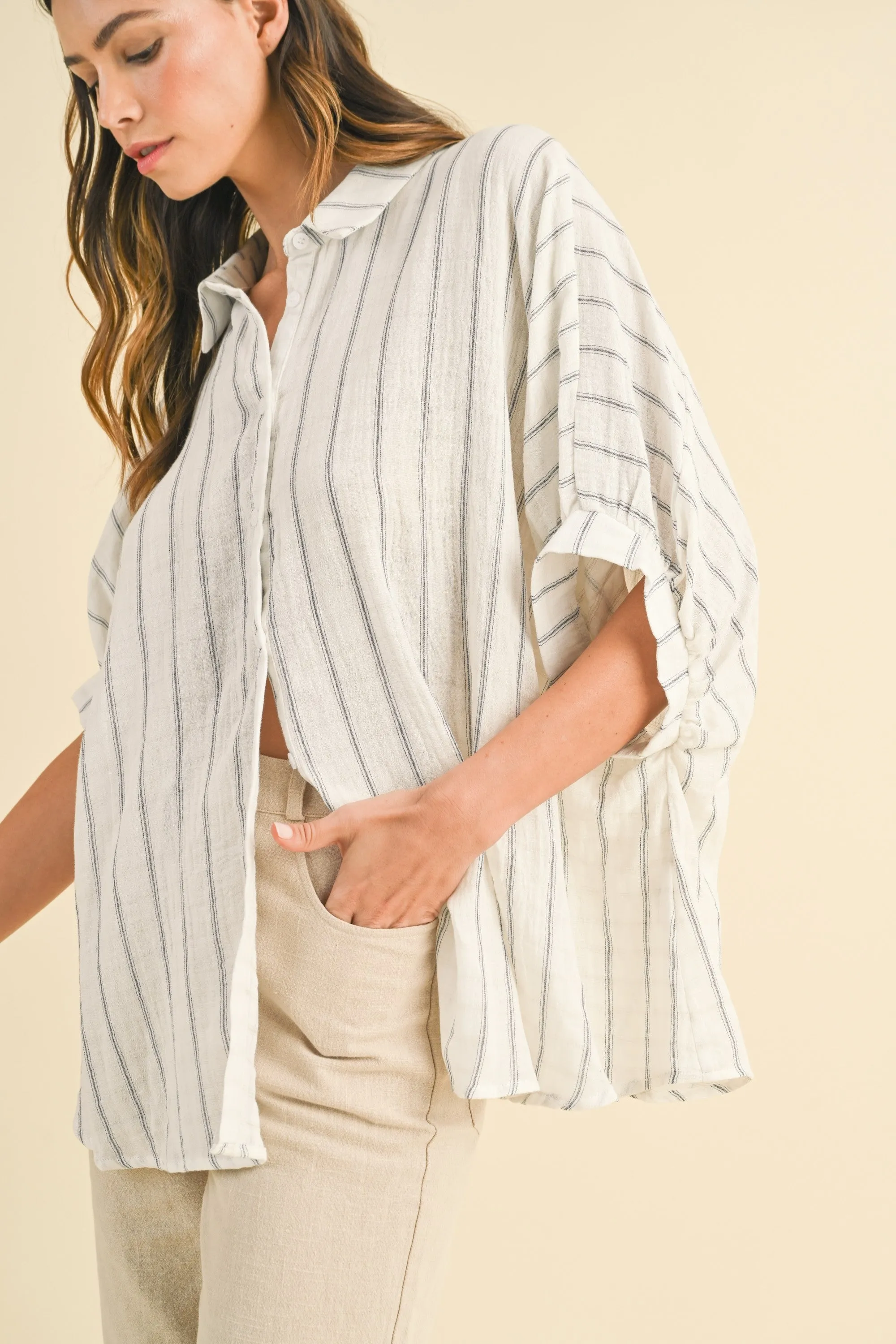 Ivory Oversized Striped Woven Blouse - Large