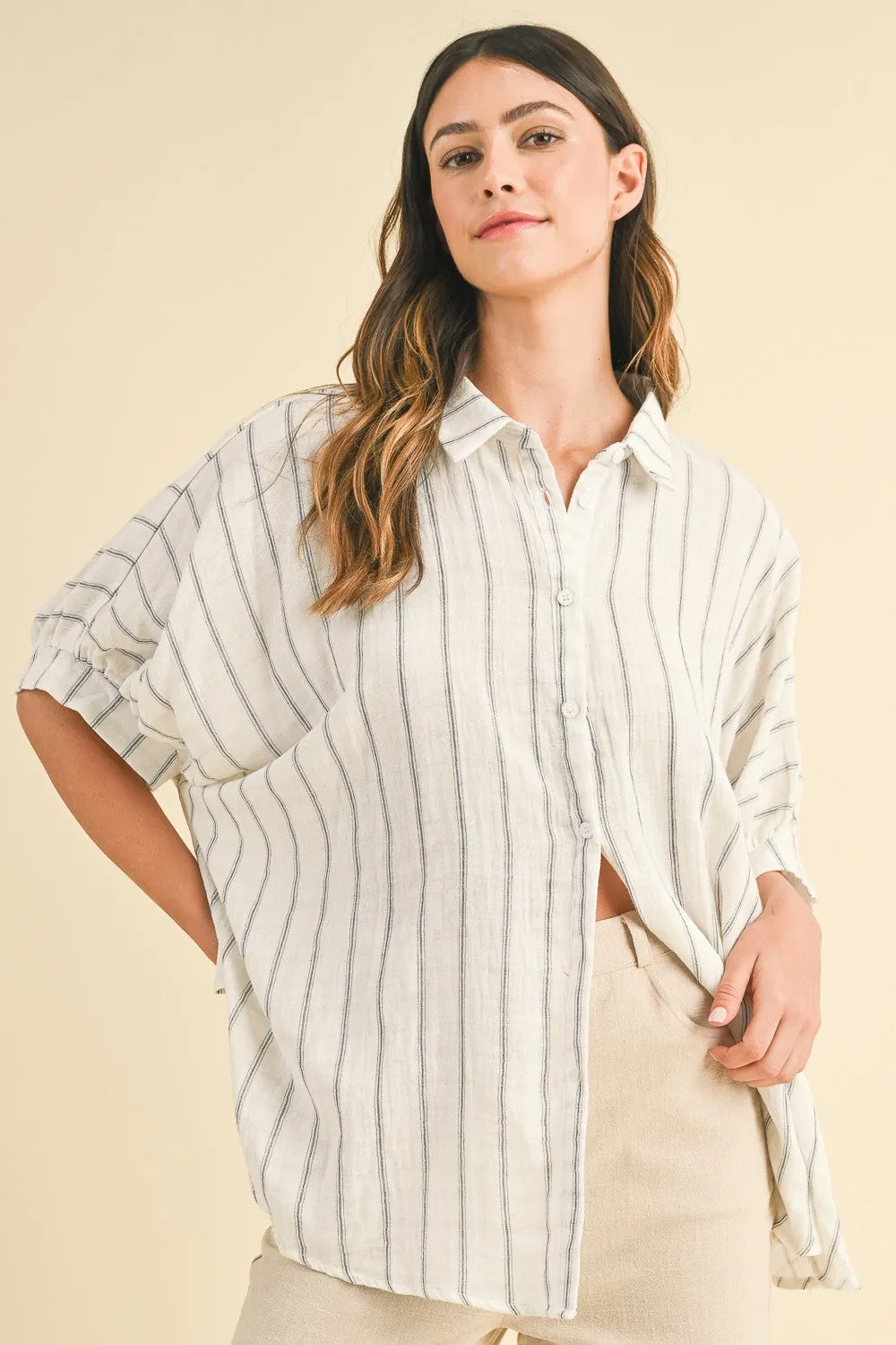 Ivory Oversized Striped Woven Blouse - Large