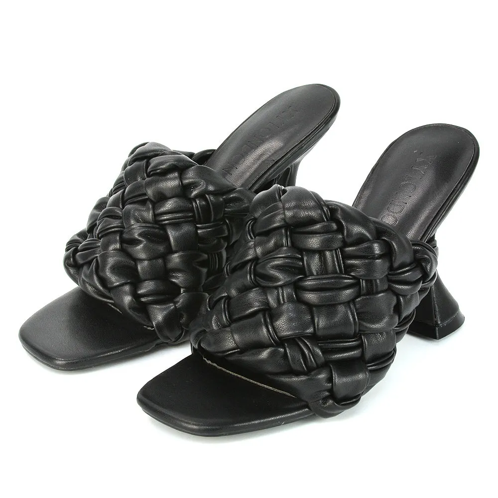 Jaci Woven Sandal Strap Square Toe Sculptured Flared Low mid High Heel Mules in Black Synthetic Leather