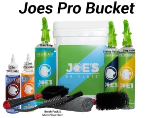 JOES NO-FLATS Pro Bike Bucket Cleaner Pack -- Bike Soap 1L   Degreaser 500ml   Frame & Tyre Shine 500ml - Lube DRY 125ml   Lube WET 125ml   Brush Kit