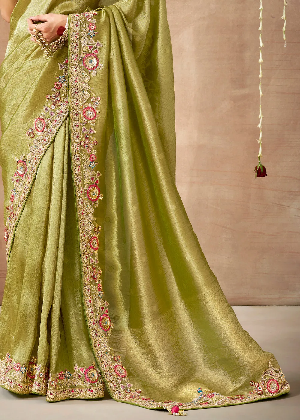 Kiwi Green Woven Embroidered Designer Tissue Silk Saree