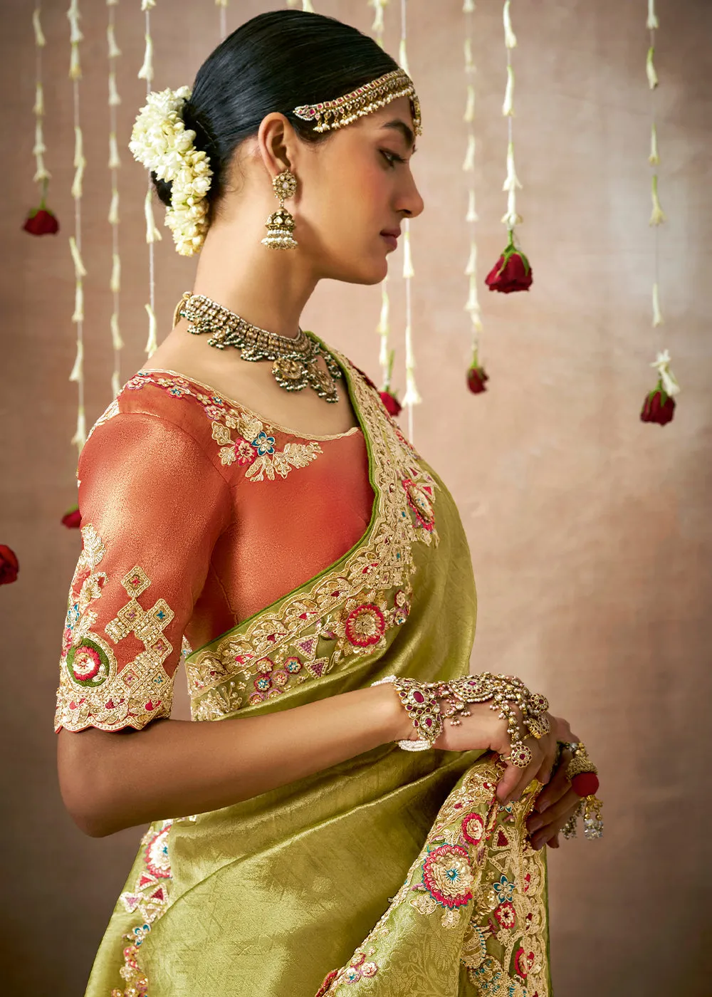 Kiwi Green Woven Embroidered Designer Tissue Silk Saree