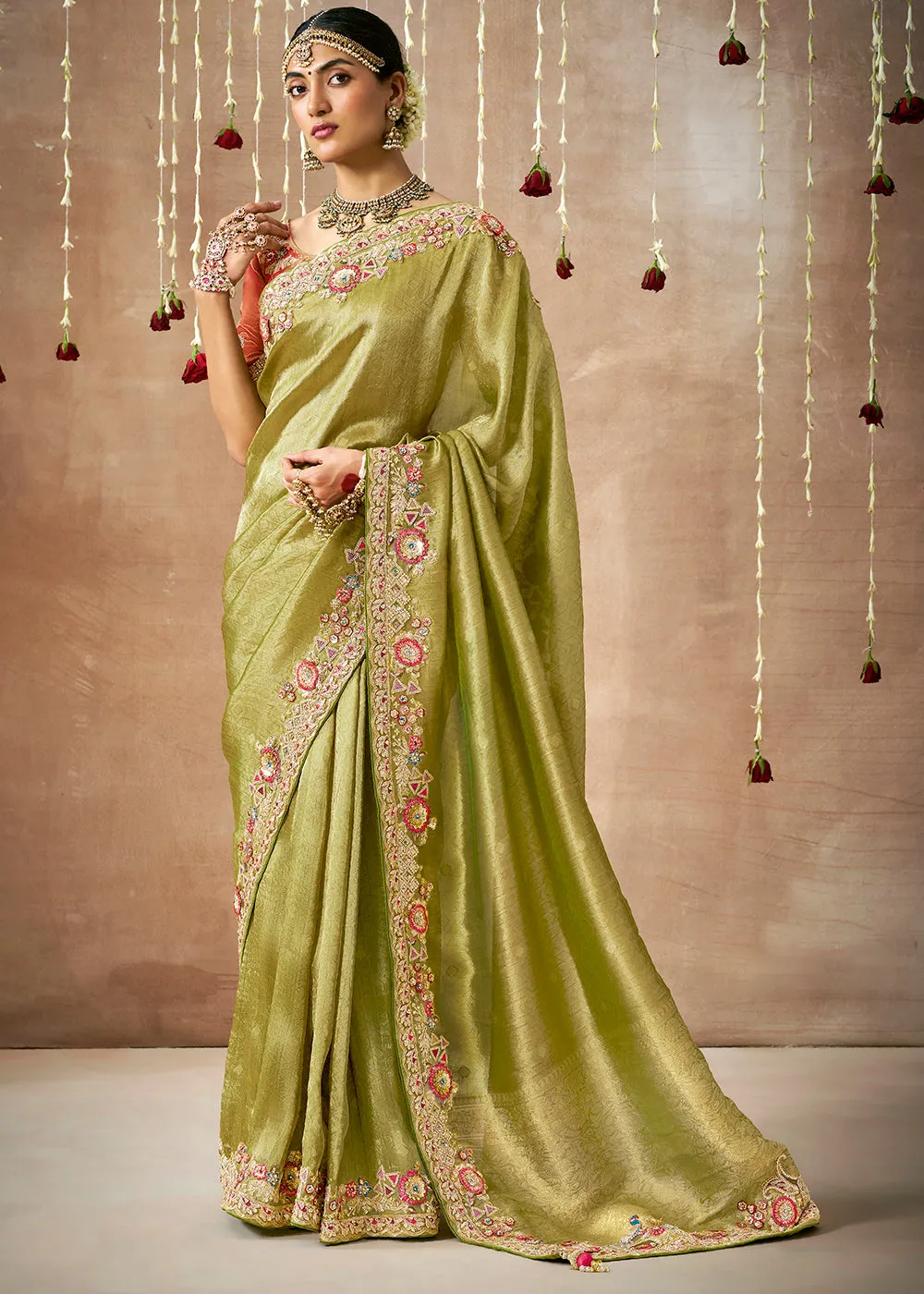 Kiwi Green Woven Embroidered Designer Tissue Silk Saree