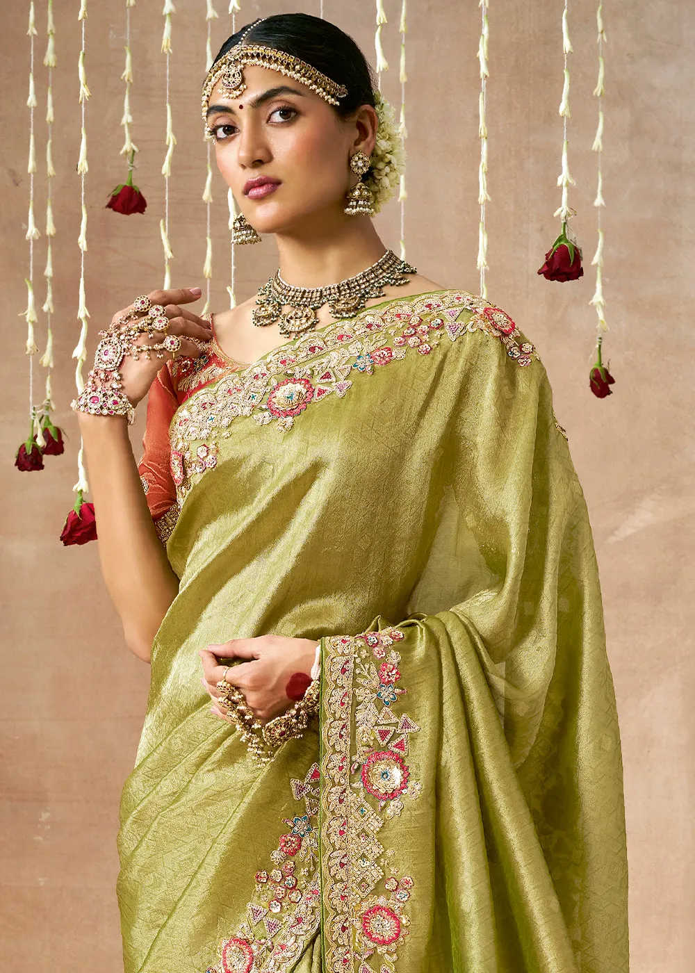 Kiwi Green Woven Embroidered Designer Tissue Silk Saree