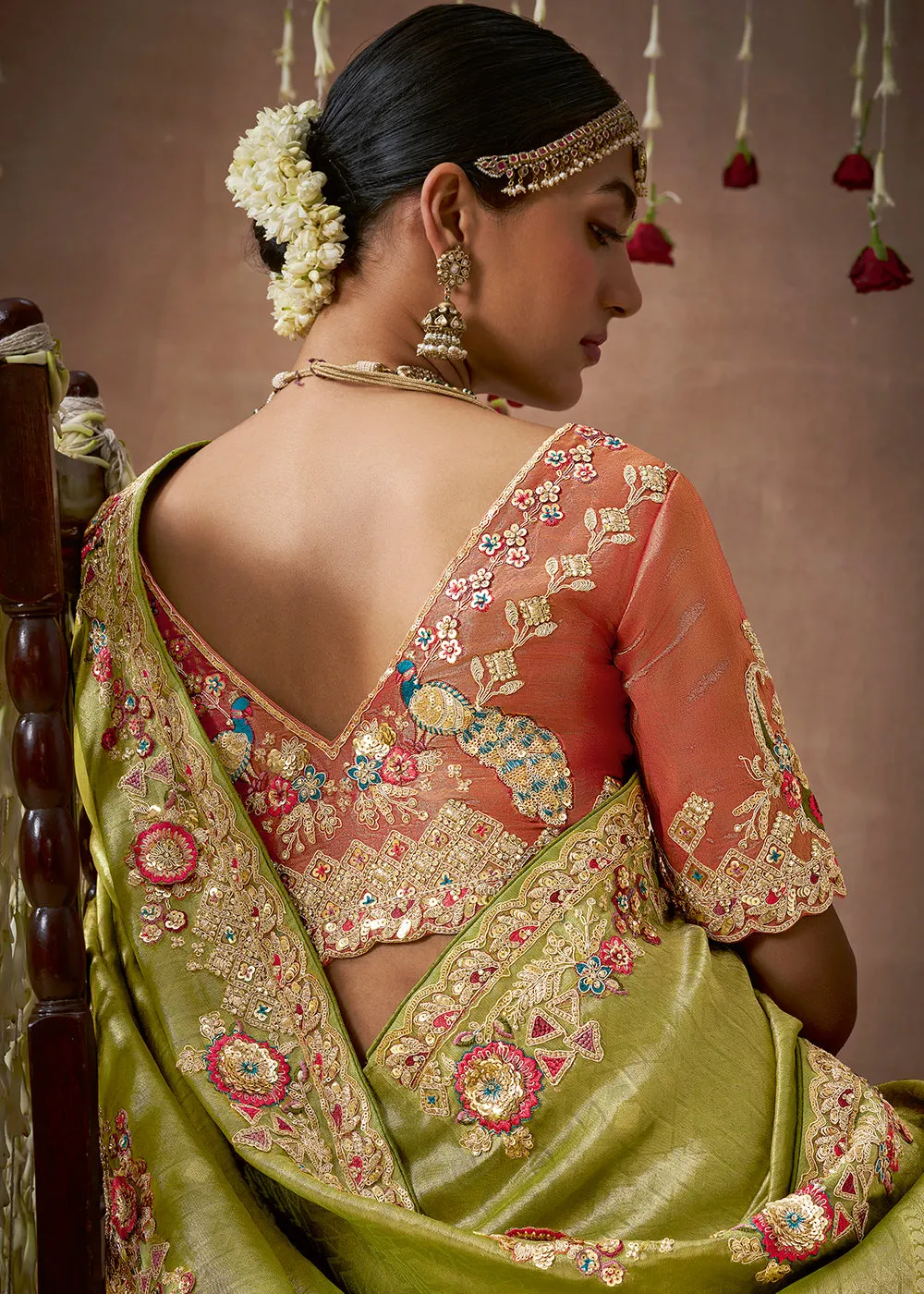 Kiwi Green Woven Embroidered Designer Tissue Silk Saree