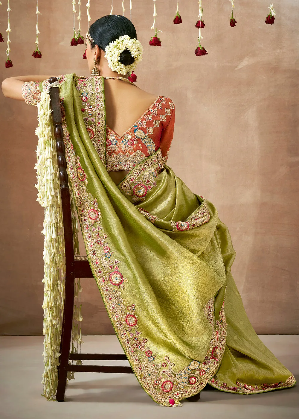 Kiwi Green Woven Embroidered Designer Tissue Silk Saree