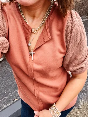 Knit Top with Woven Puff Sleeve