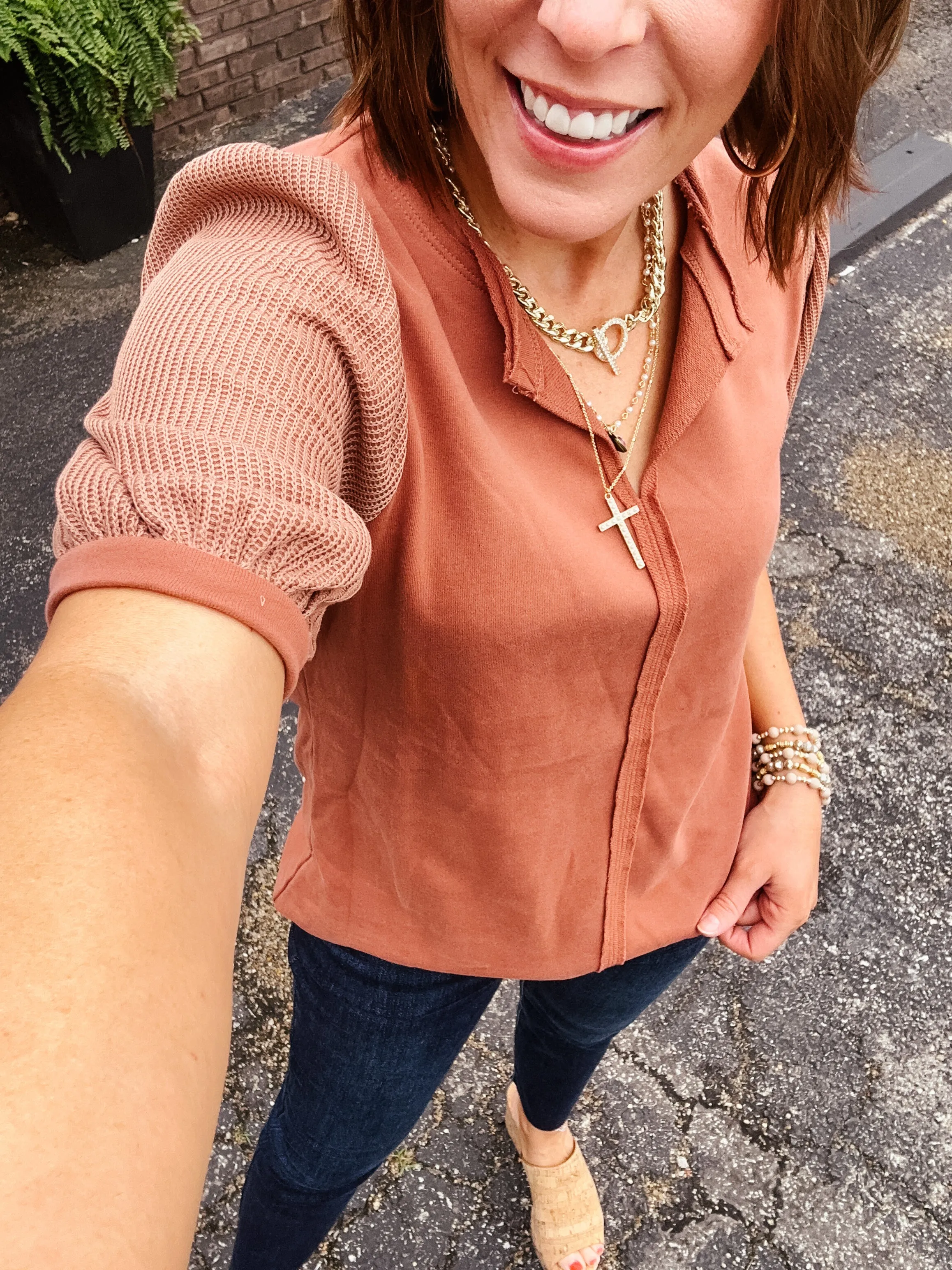 Knit Top with Woven Puff Sleeve