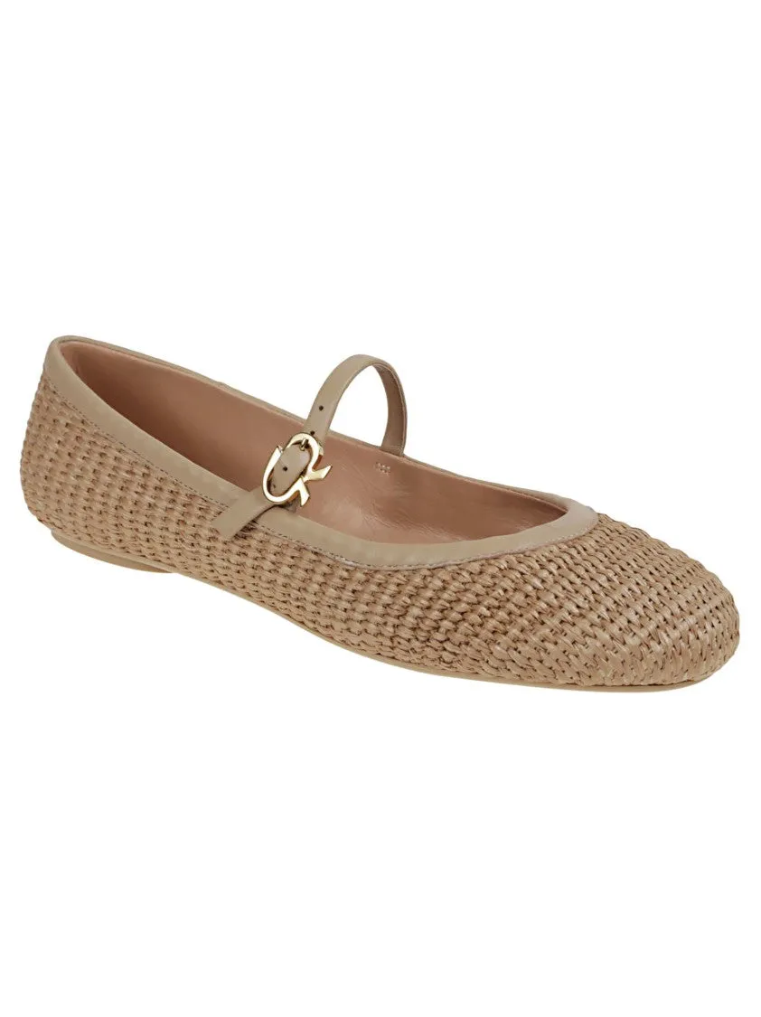 Leather And Woven Raffia Flat Ballerina