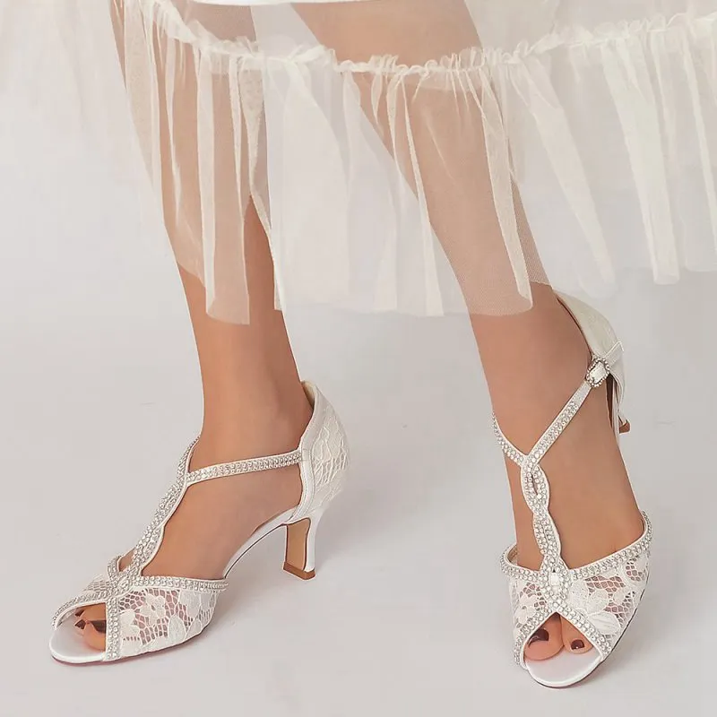 Leather Heels Adorned with Lace and Rhinestone Accents