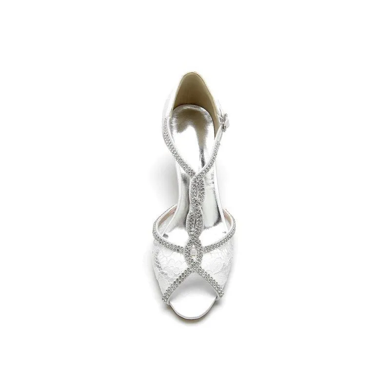 Leather Heels Adorned with Lace and Rhinestone Accents