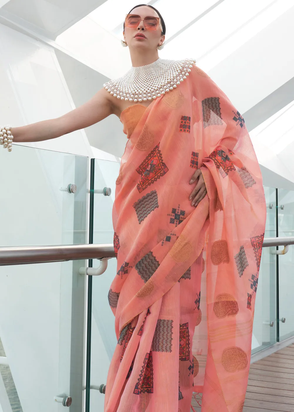 Light Pink Woven Linen Silk Saree With Print
