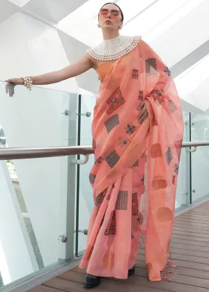 Light Pink Woven Linen Silk Saree With Print