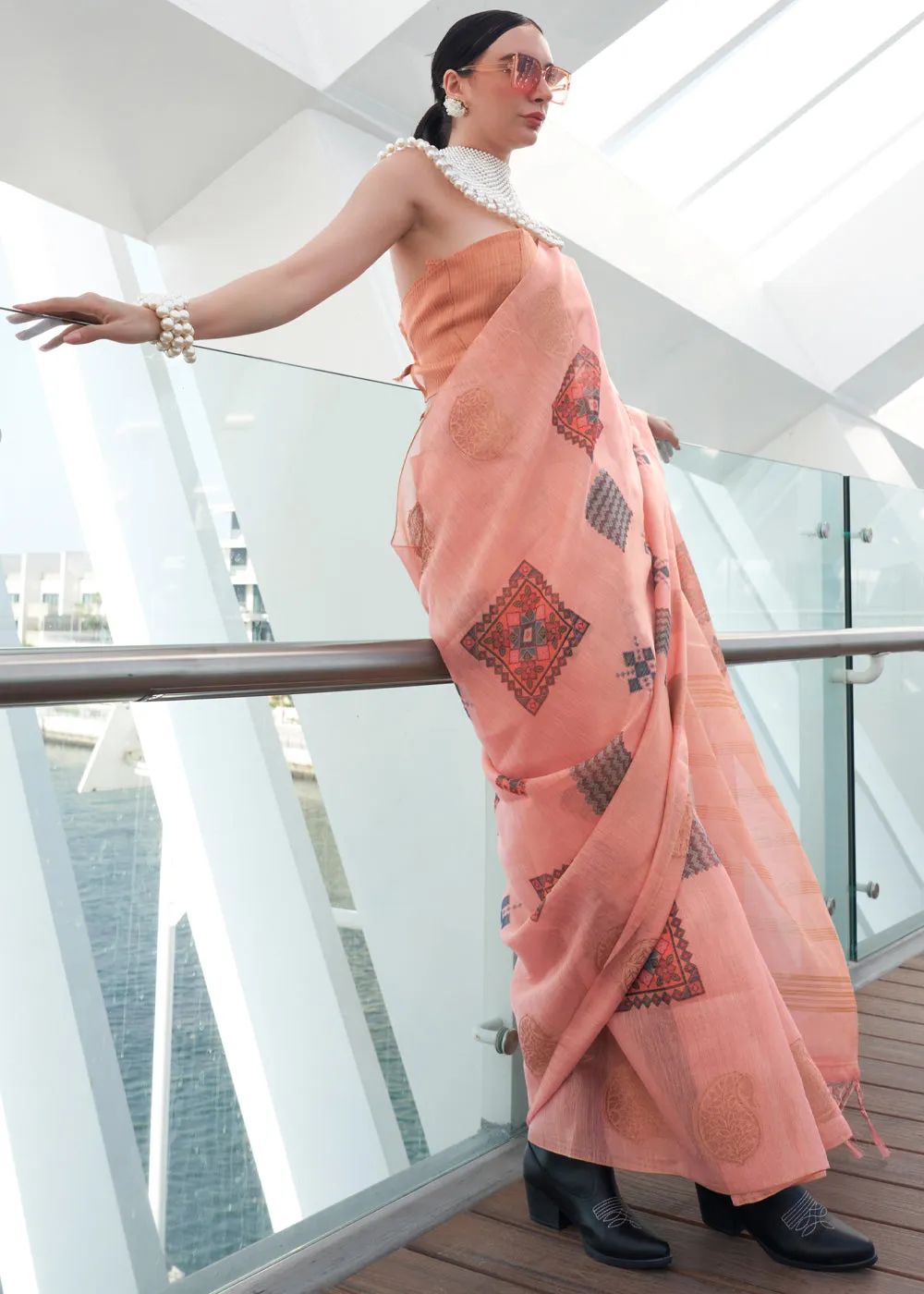Light Pink Woven Linen Silk Saree With Print