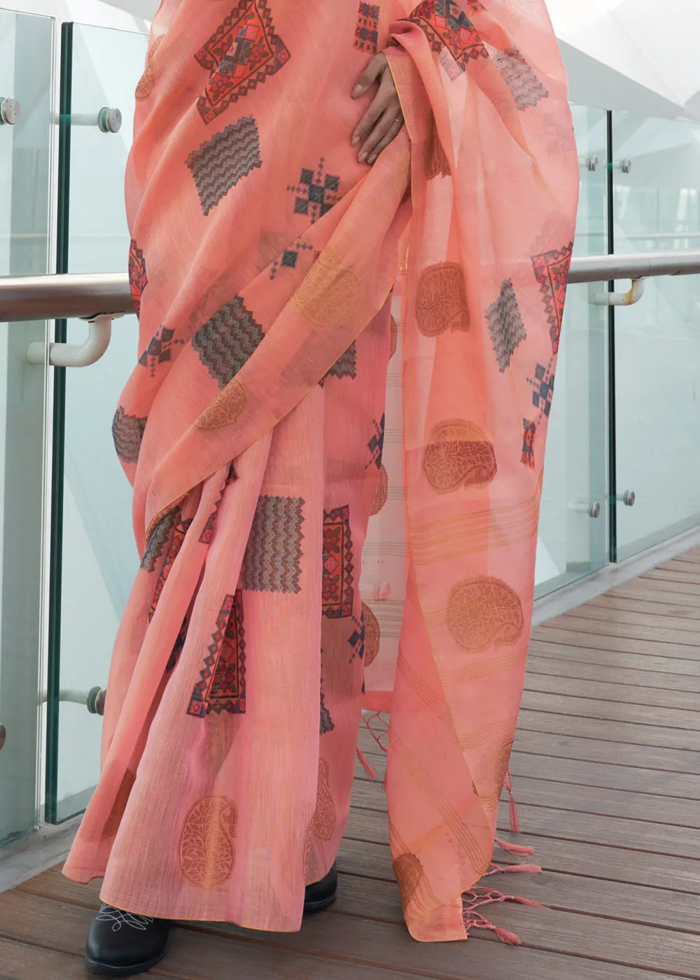 Light Pink Woven Linen Silk Saree With Print