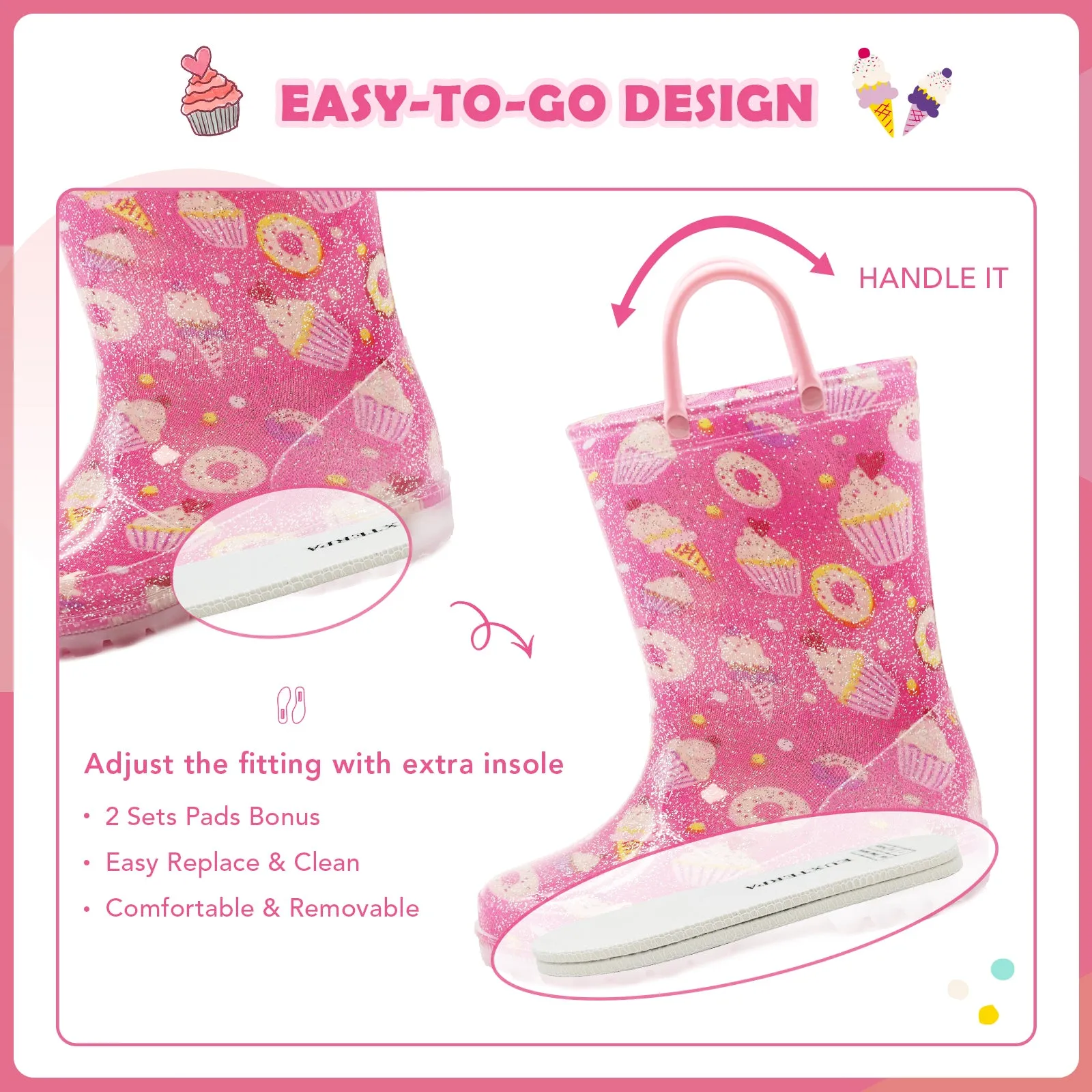 Light Up Toddler Kids Rain Boots with Handles