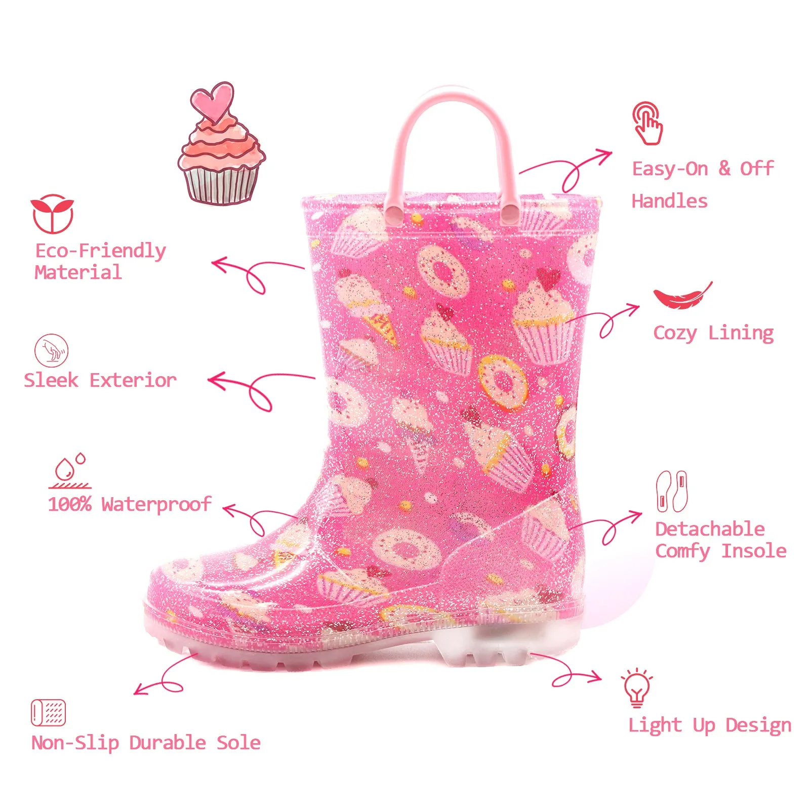 Light Up Toddler Kids Rain Boots with Handles